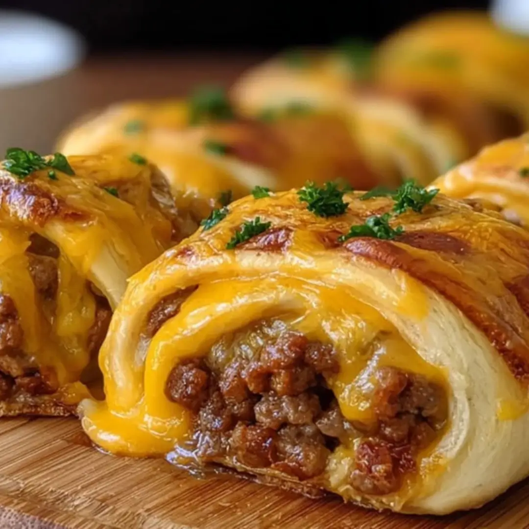 Close-up of sliced golden cheeseburger pinwheels with melted cheddar and mozzarella cheese.