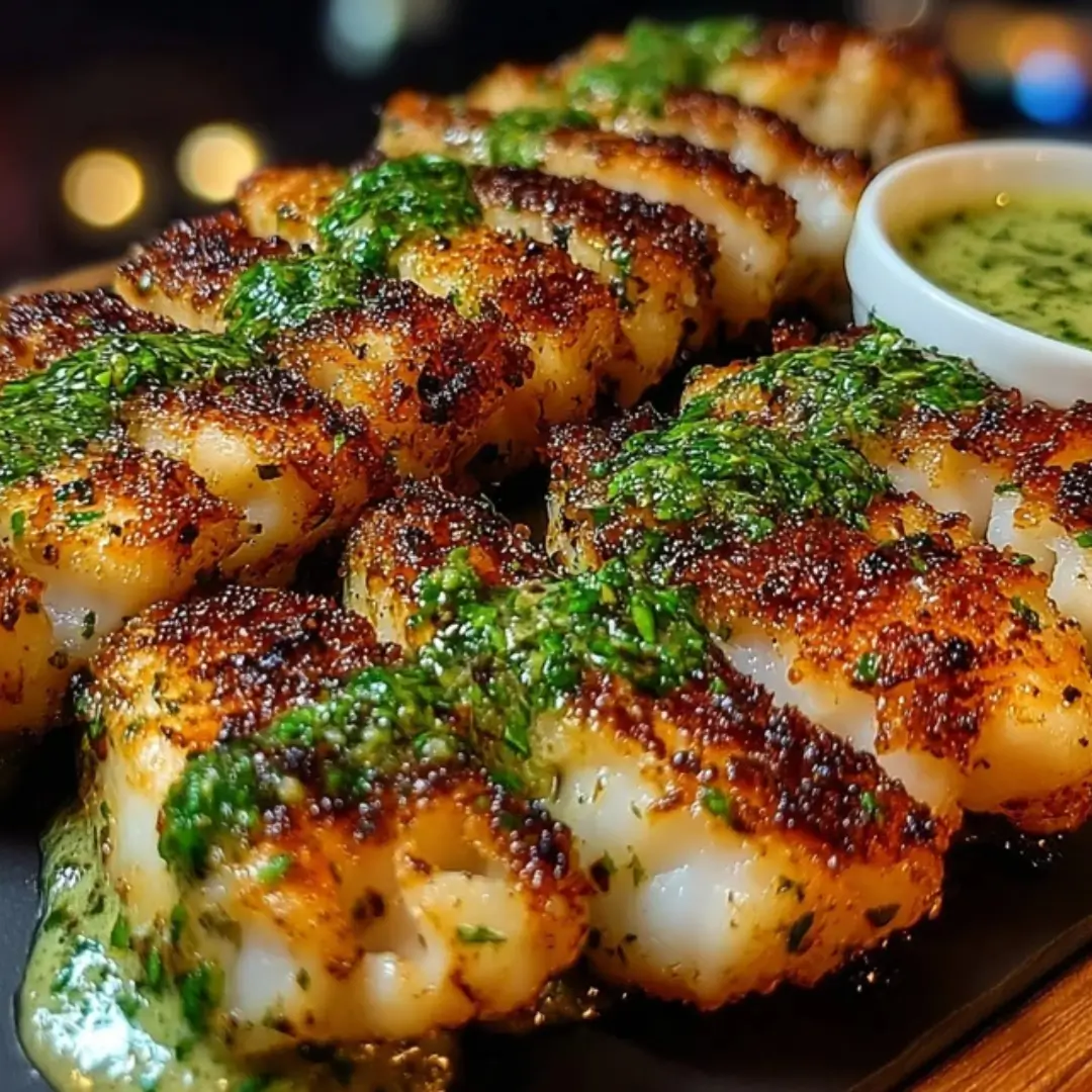 Garlic butter cod strips served over rice, drizzled with bright green cilantro lime sauce and garnished with fresh parsley and lime wedges.