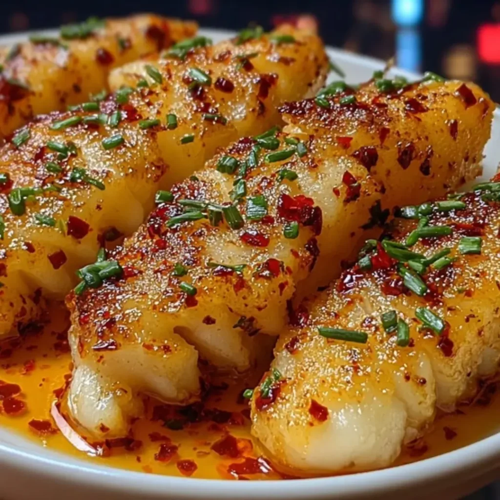 Garlic Butter Cod Strips in a skillet, coated in Sweet Chili Lime Sauce and garnished with fresh parsley.
