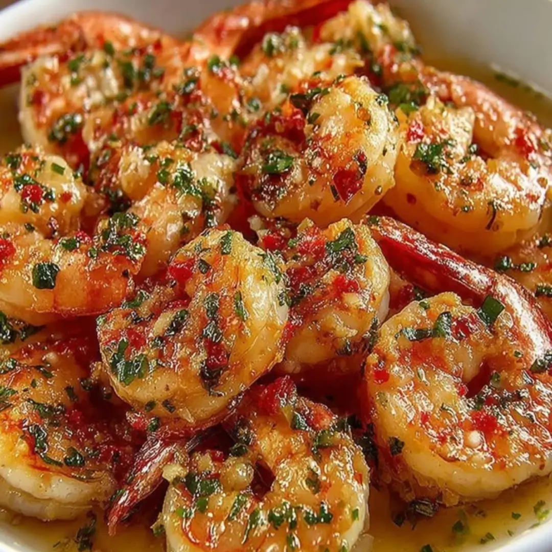 A close-up shot of perfectly seared large shrimp coated in a vibrant, melted garlic butter sauce, finished with fresh chopped parsley and a lemon wedge.