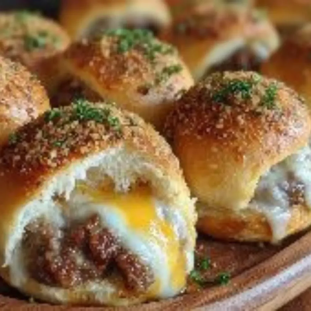 A close-up of a pile of golden-brown Garlic Parmesan Cheeseburger Bombs brushed with melted butter and fresh parsley, served on a parchment-lined baking sheet.