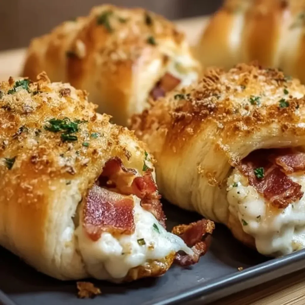 Garlic Parmesan Chicken Bacon Stuffed Crescents on baking sheet with melted butter glaze. Flaky, cheesy, savory appetizer.