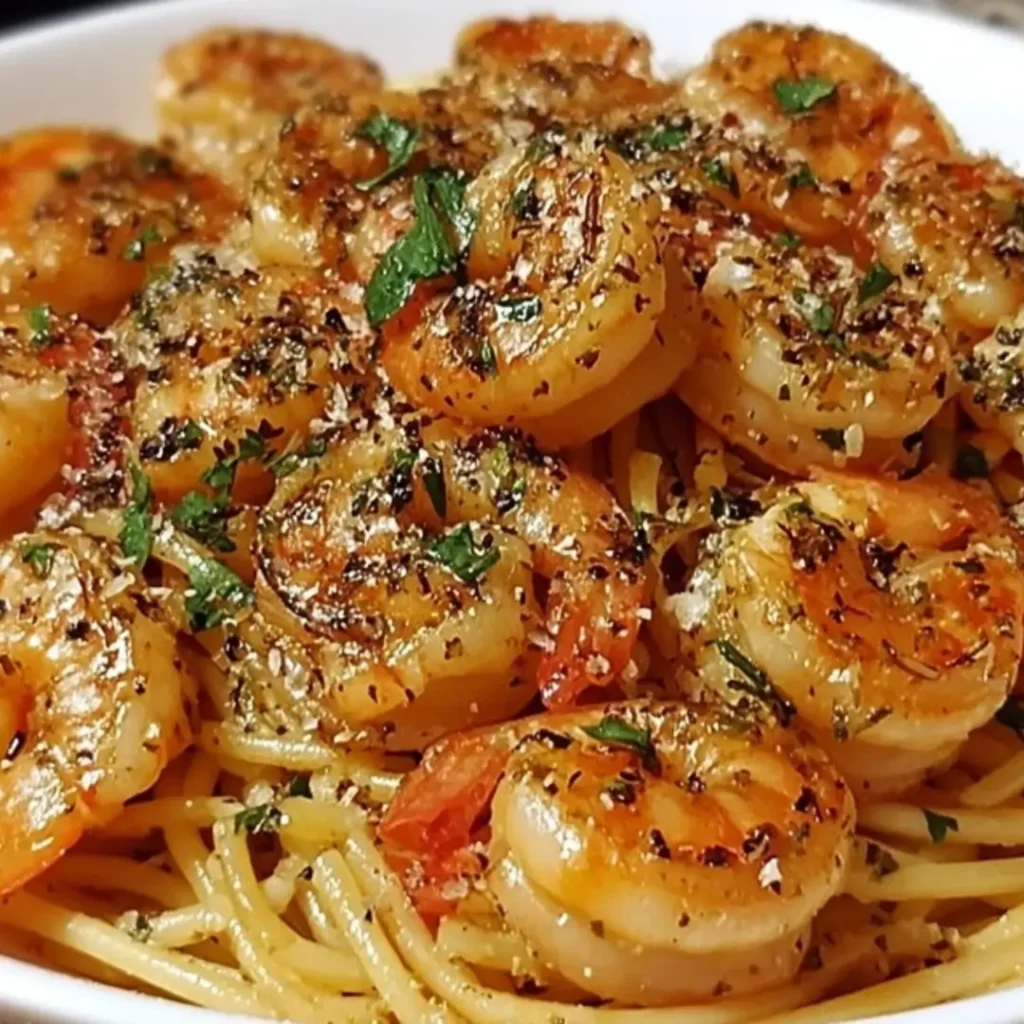 A close-up shot of glossy spaghetti tossed with tender pink shrimp, minced parsley, and lemon zest, coated in a buttery garlic sauce.
