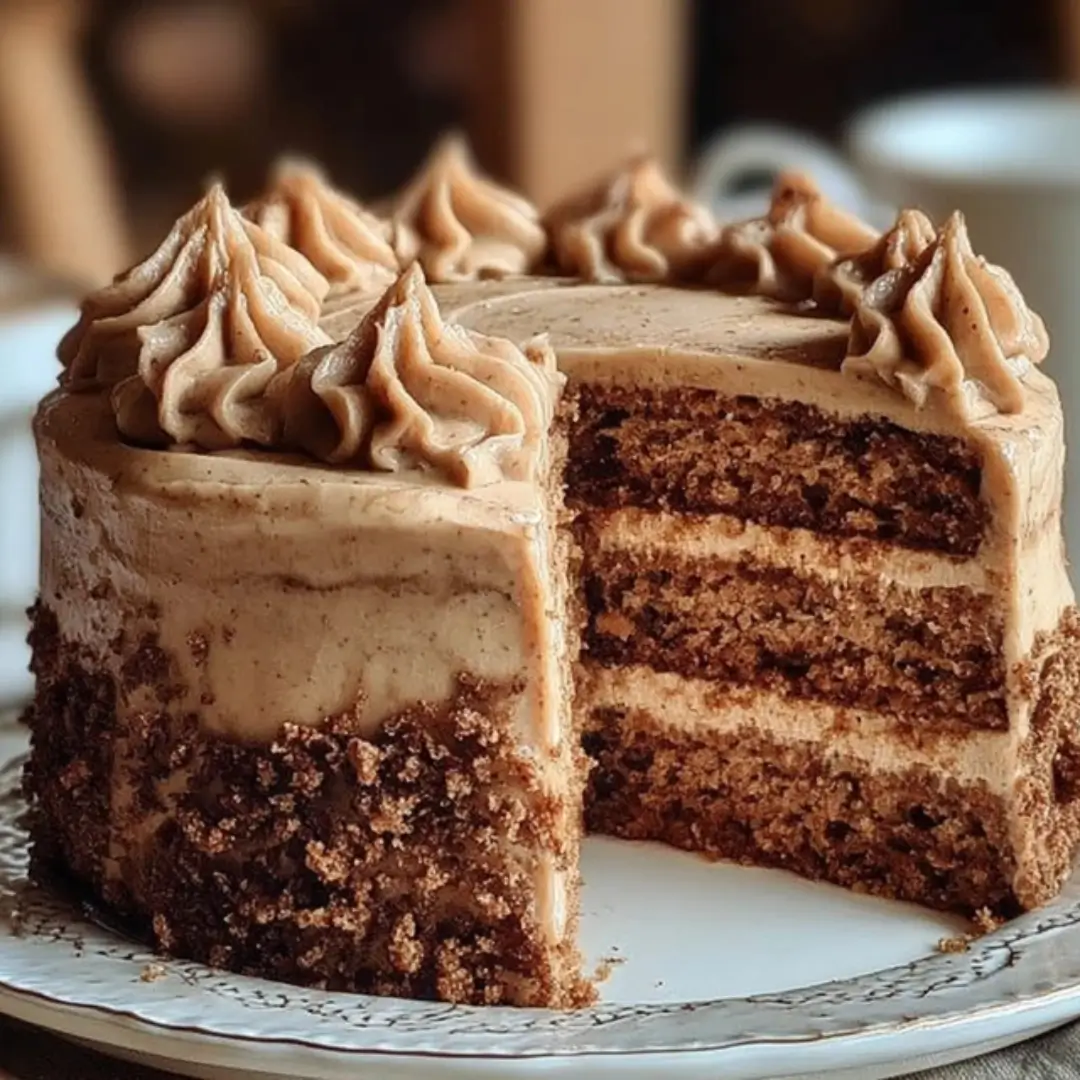 A moist square of gingerbread cake generously covered with a thick, creamy cinnamon molasses cream cheese frosting and lightly dusted with cinnamon powder.
