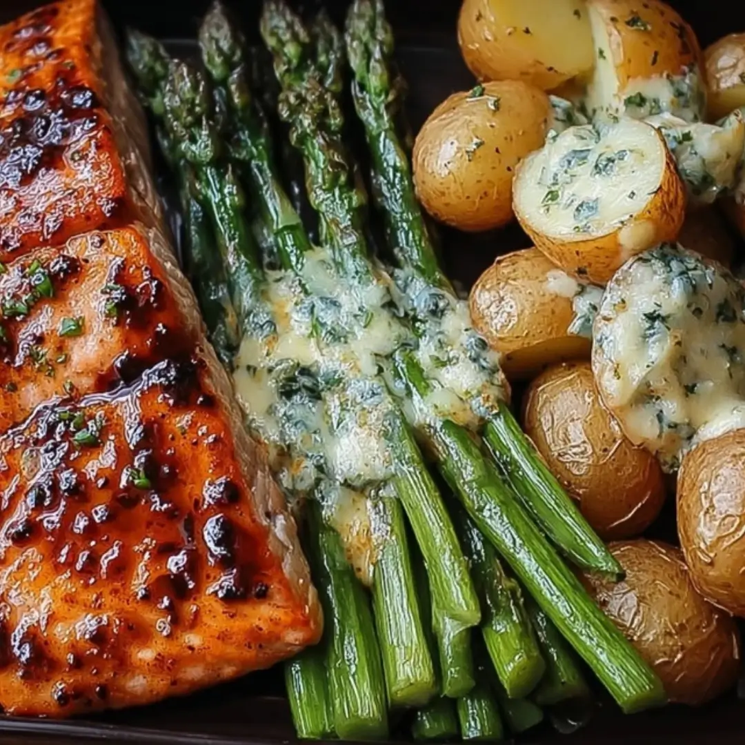 Glazed salmon fillet resting next to a bundle of asparagus topped with melted mozzarella and grated Parmesan cheese, with several halved baby potatoes tossed in melted garlic butter and herbs on the right. The food is dark, glossy, and beautifully plated.