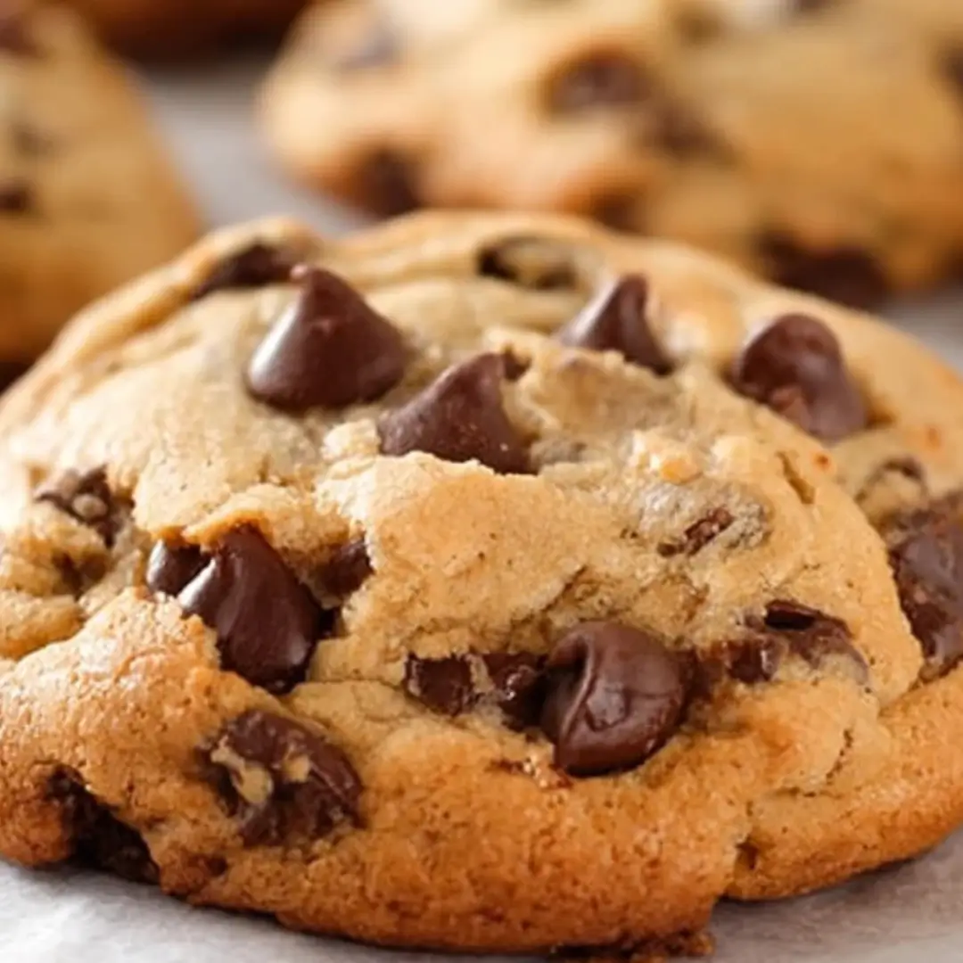 A stack of four thick, gooey chocolate chip cookies sprinkled with sea salt, showing a melted chocolate center.