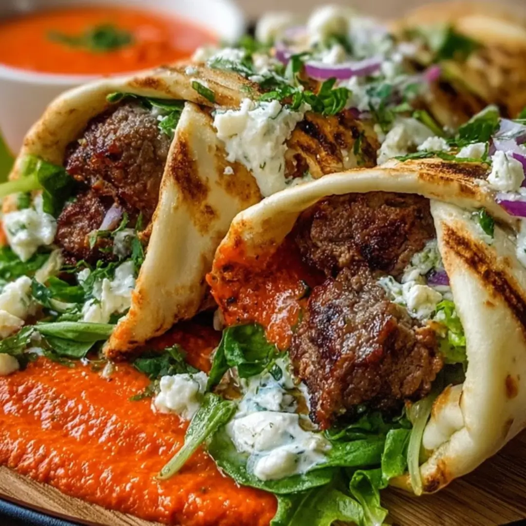 Close-up of a tightly rolled beef gyro wrap with a savory ground beef filling, fresh cucumber, crumbled feta cheese, and a bright roasted red pepper sauce.