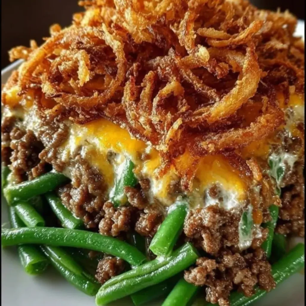 A top-down shot of a bubbling, cheesy Hamburger Green Bean Casserole in a baking dish, topped with golden-brown crispy fried onions and melted cheddar cheese.