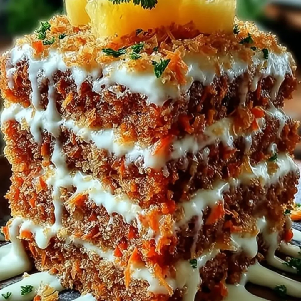 Slice of Hawaiian Carrot Pineapple Cake on a plate, showing moist interior layers with carrots, pineapple, and coconut, topped with thick cream cheese frosting.