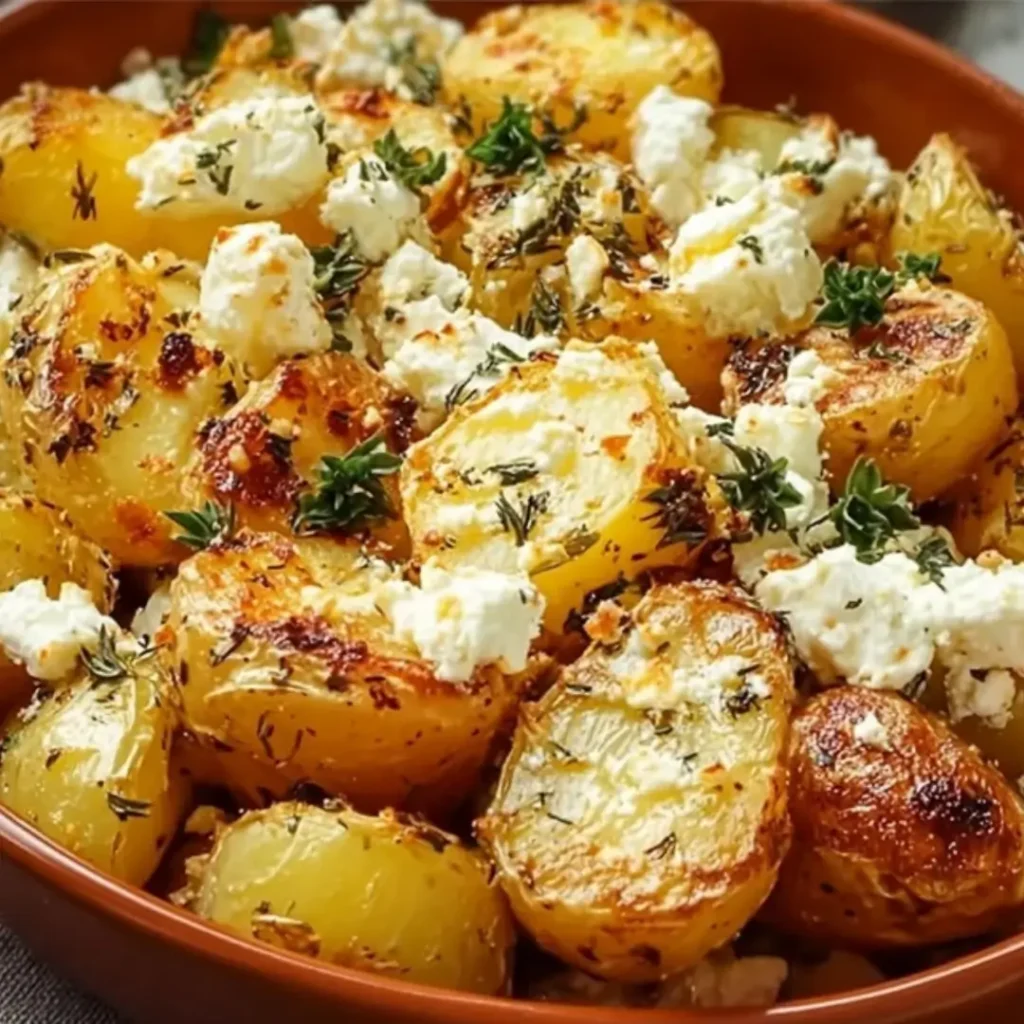 Close-up of golden brown roasted baby potatoes with melted feta cheese crumbles, fresh thyme sprigs, and chopped parsley in a terracotta dish.