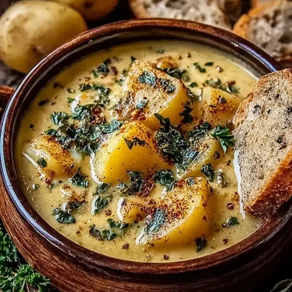 Close-up shot of a bowl of creamy, hearty cheddar garlic herb potato soup topped with fresh chives.