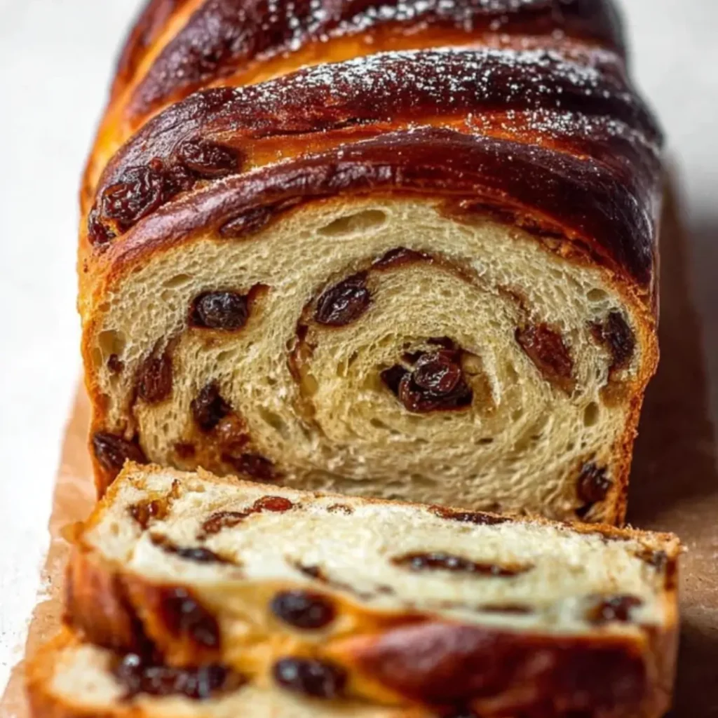 Golden-brown homemade cinnamon swirl raisin bread in a loaf pan, sliced to show the visible brown sugar and cinnamon ribbon running through the soft white bread