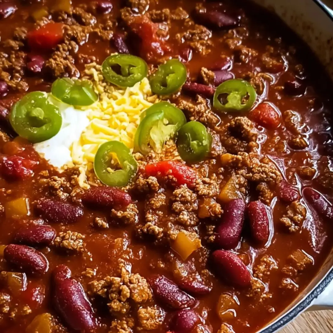 A close-up of a steaming bowl of robust homestyle chili, richly colored, with visible ground beef, beans, and melted shredded cheese, garnished with fresh cilantro.