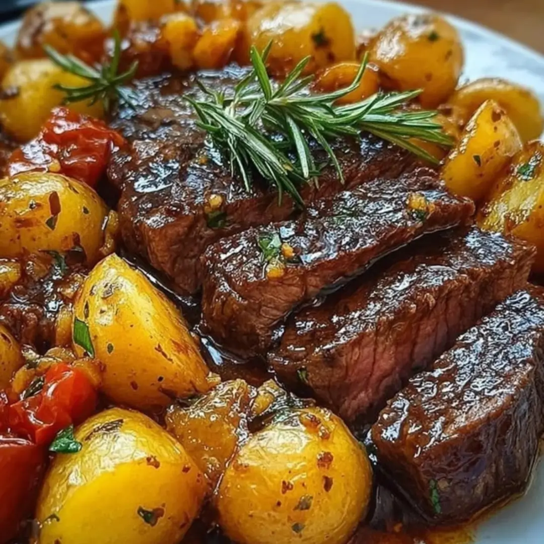 Honey-glazed beef sirloin slices and crispy roasted potato cubes garnished with fresh parsley on a white plate.