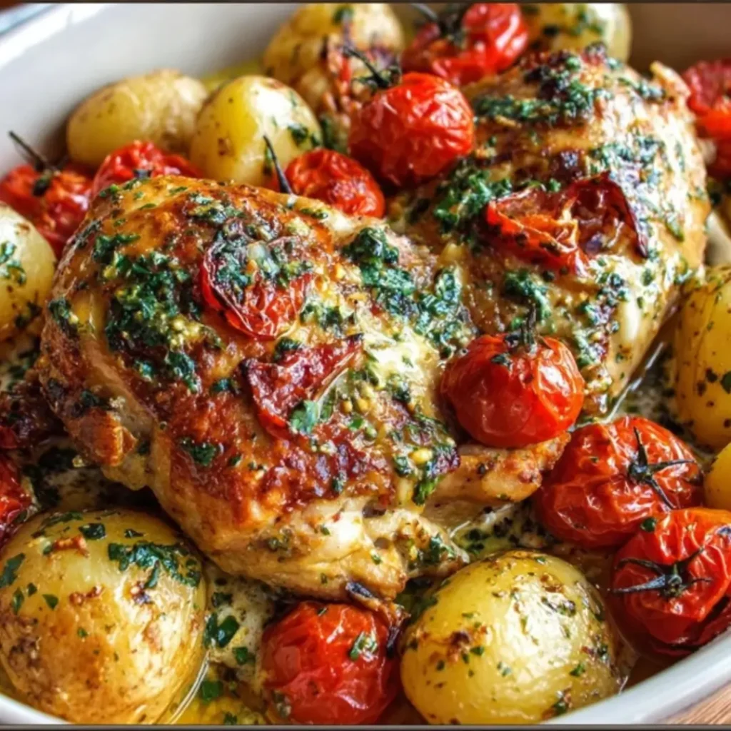 A one-pan Italian dish with crispy baked bone-in chicken thighs, potato wedges, and roasted bell peppers, garnished with parsley and lemon wedges.