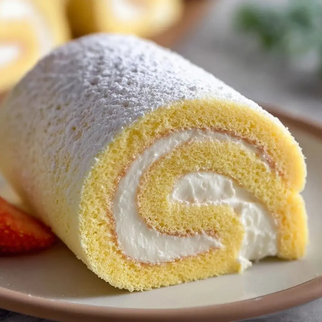 Japanese Swiss Roll Cake slices showing the light chiffon sponge and whipped cream swirl.