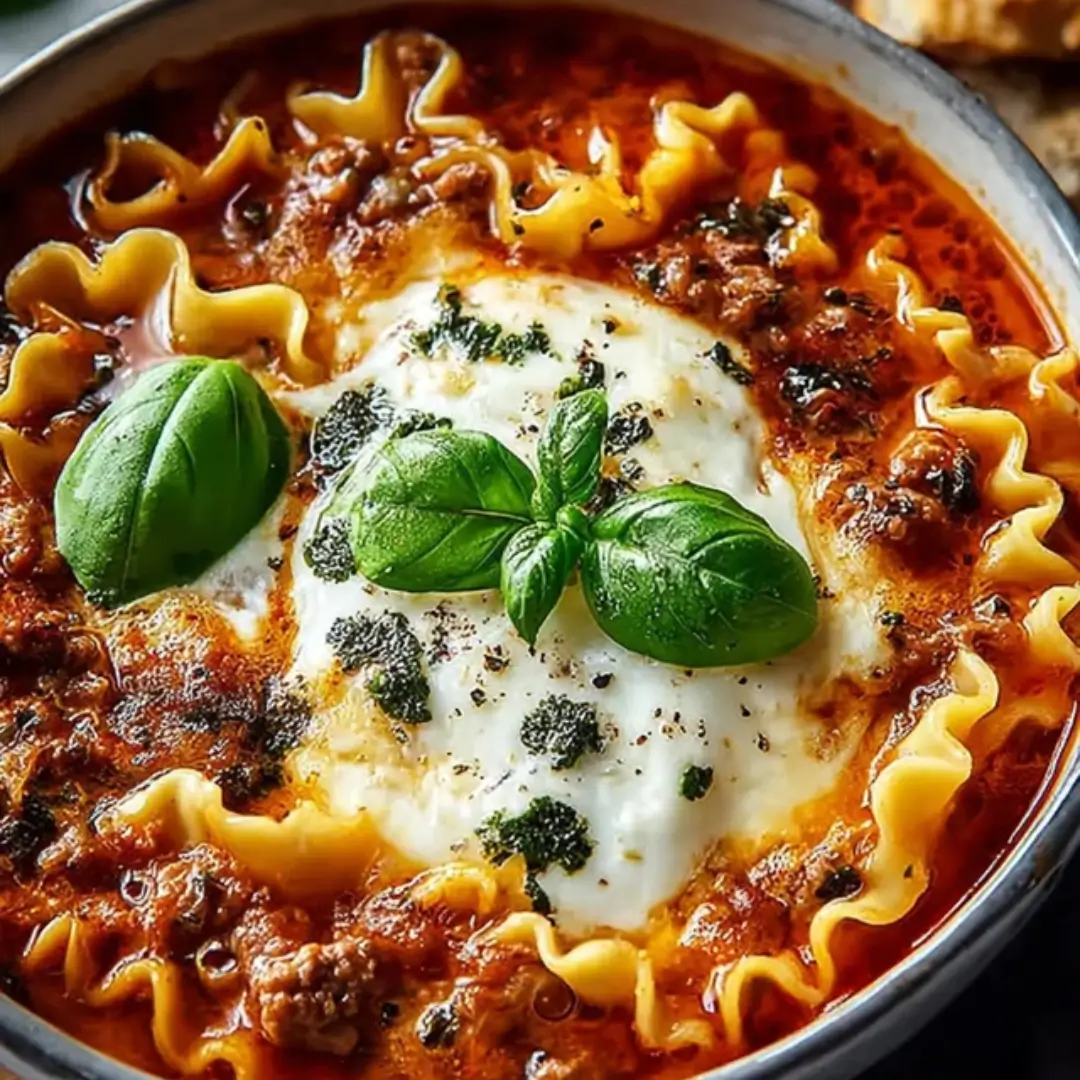 A bowl of Lasagna Soup topped with a melting dollop of ricotta, mozzarella, and Parmesan cheese, with basil and noodles visible.