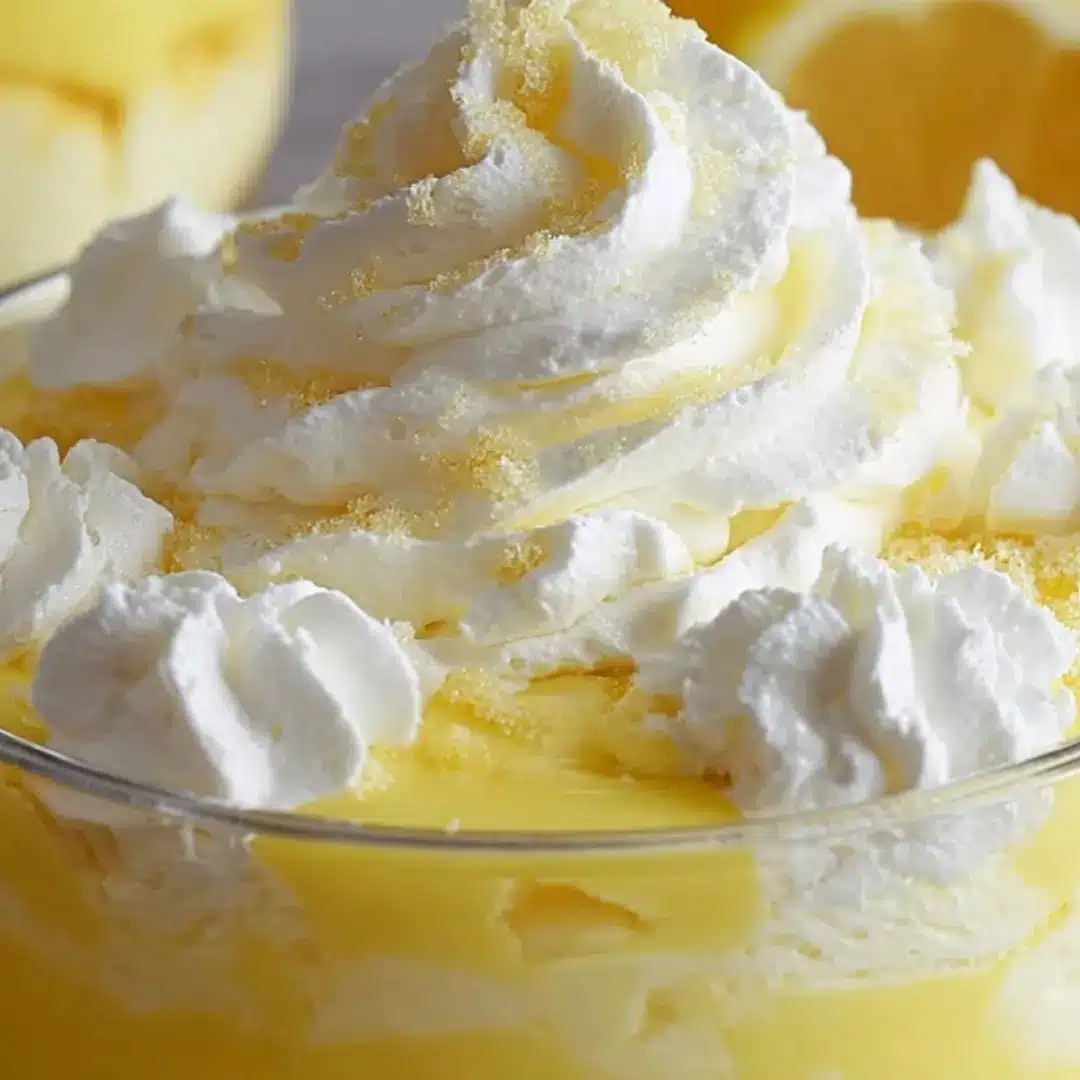 Light and airy no-bake lemon fluff dessert served in a glass bowl, topped with crumbled shortbread cookies.
