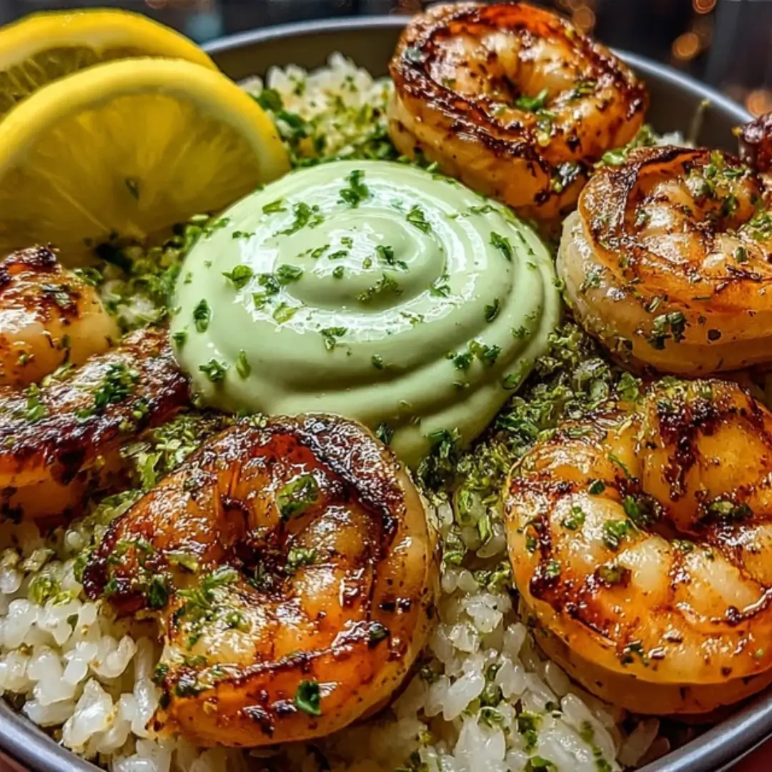 Lemon Garlic Shrimp Rice Bowl with colorful toppings and a generous drizzle of Avocado Cilantro Cream sauce.