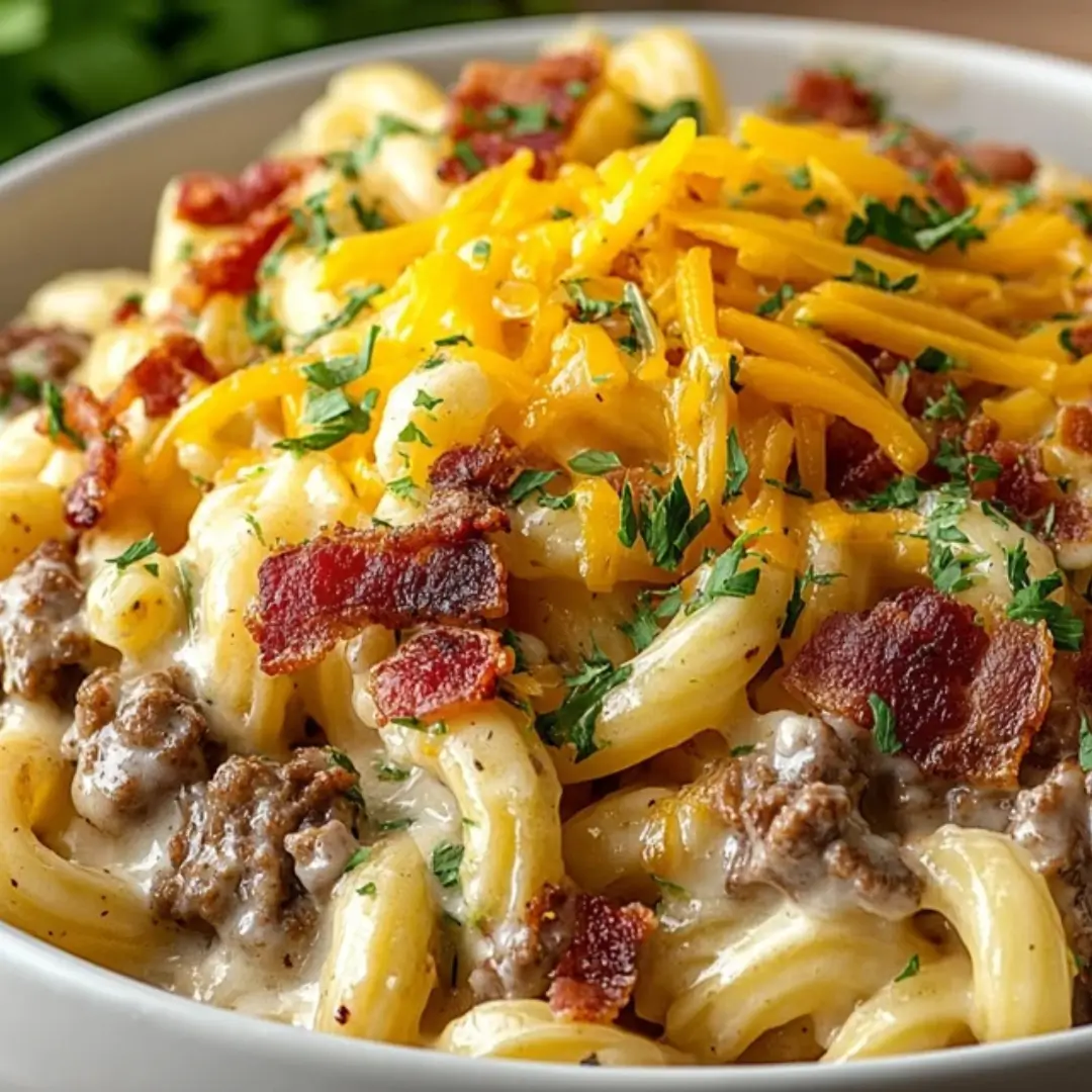 Close-up of bacon cheeseburger pasta being served from a skillet, showing the melted cheese and seasoned beef.