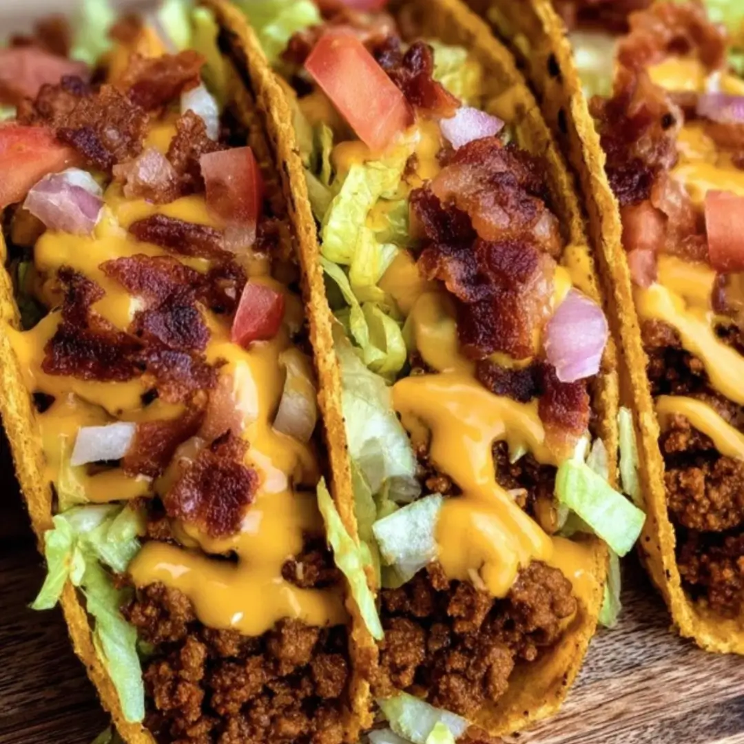 A close-up of two warm flour tortillas generously stuffed with seasoned ground beef, melted cheddar cheese, crispy bacon crumbles, shredded lettuce, diced tomato, and pickles, drizzled with condiments.