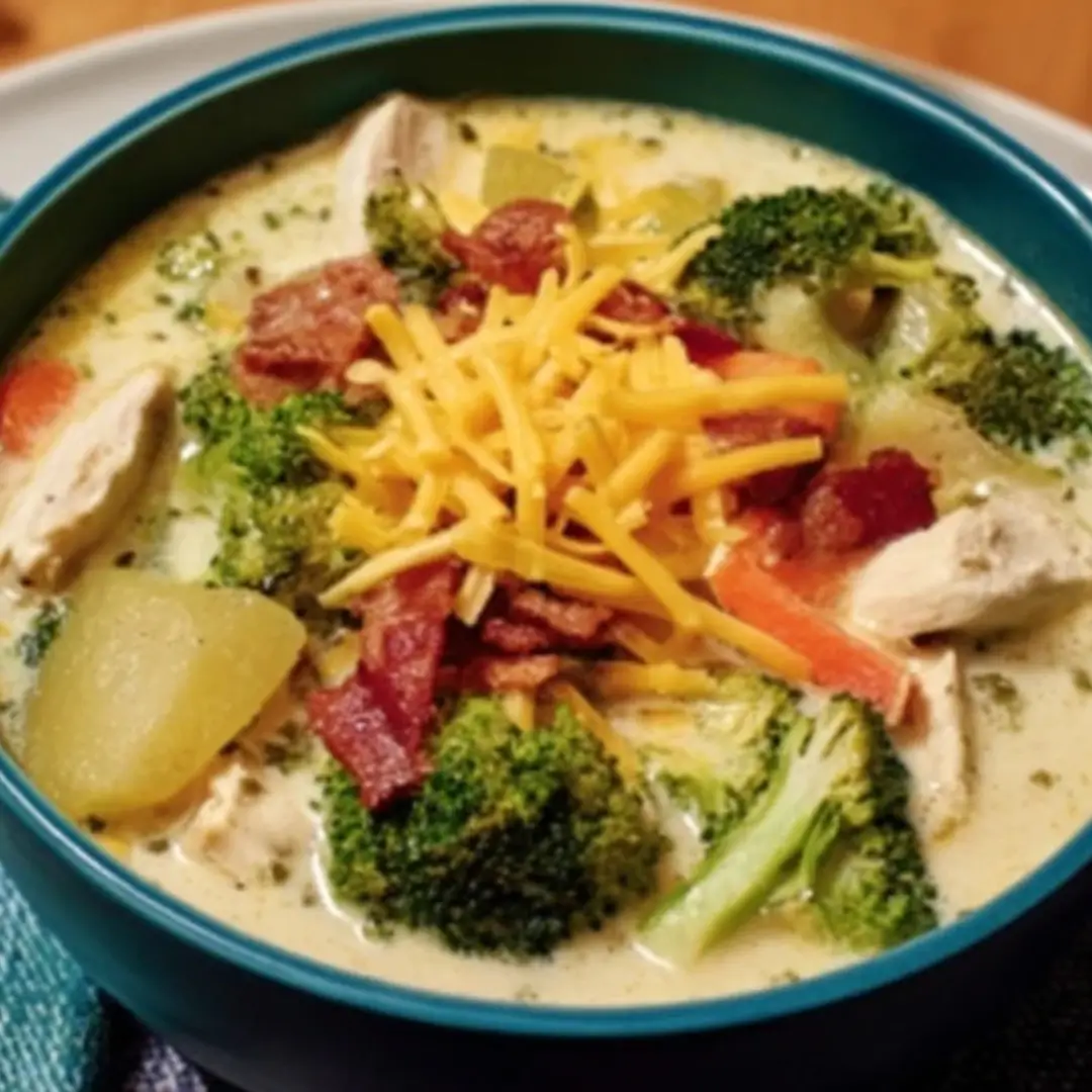Loaded broccoli and chicken soup served in a white bowl, topped with melted cheddar cheese, turkey bacon bits, and chopped green onions.