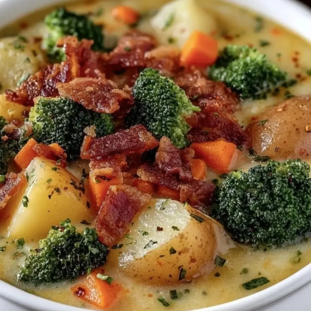 Close-up of creamy loaded broccoli potato soup in a white bowl topped with melted cheddar cheese, crispy bacon crumbles, sour cream, and fresh chives.
