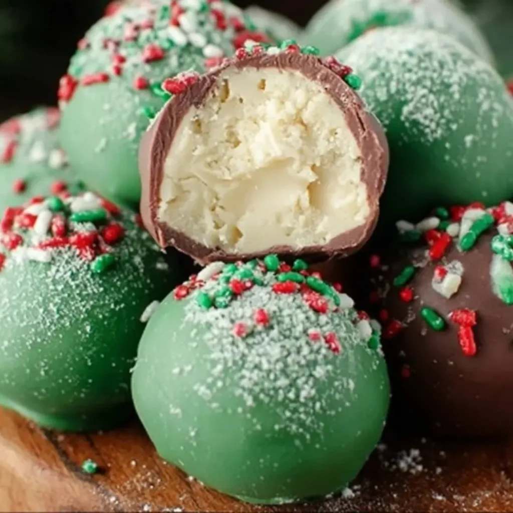 Close-up of three Lofthouse Christmas Truffles coated in white chocolate and sprinkled with red and green sprinkles on a white platter.