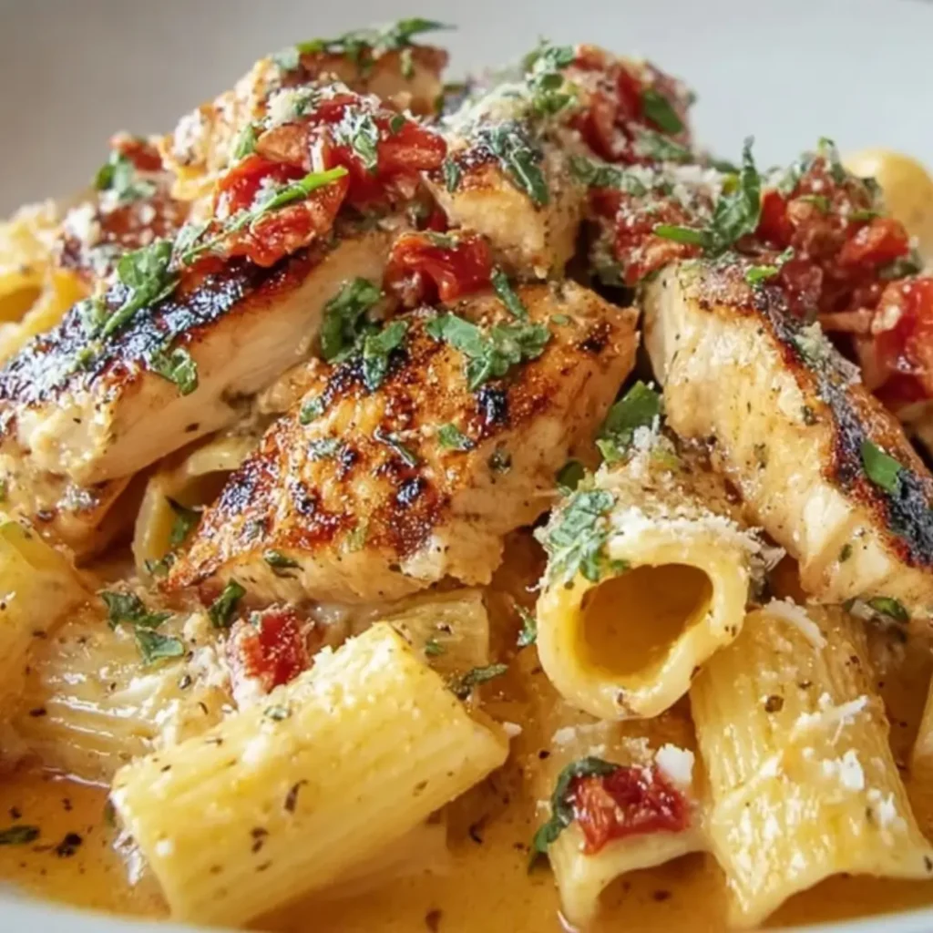 Creamy Marry Me Chicken Pasta with sun-dried tomatoes, sliced chicken strips, and fresh basil garnish, served in a skillet.
