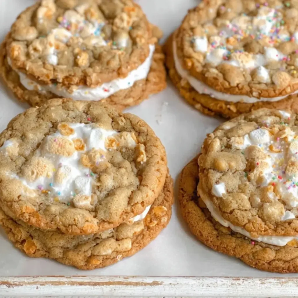Close-up of four Marshmallow Crispy Cookies, two stacked as sandwiches with white filling and topped with colorful sprinkles.