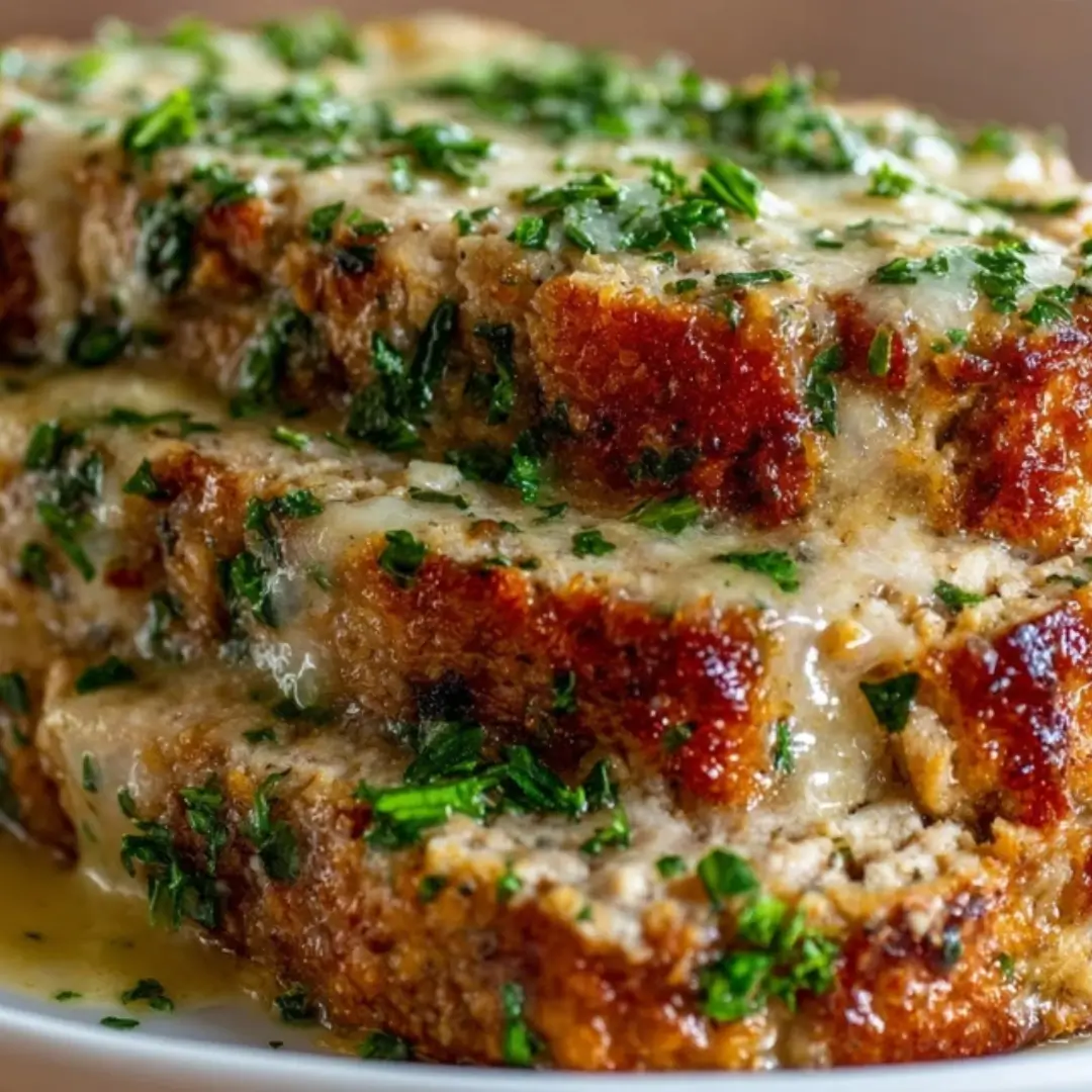 Sliced chicken meatloaf with a golden brown, melted mozzarella and garlic butter crust, garnished with fresh parsley.