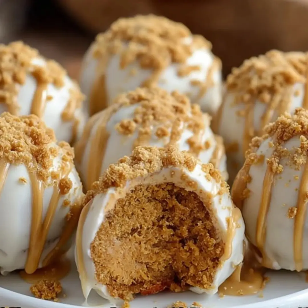 Close-up of bite-sized pumpkin cheesecake balls covered in white chocolate and sprinkled with crushed graham crackers on a parchment-lined tray.