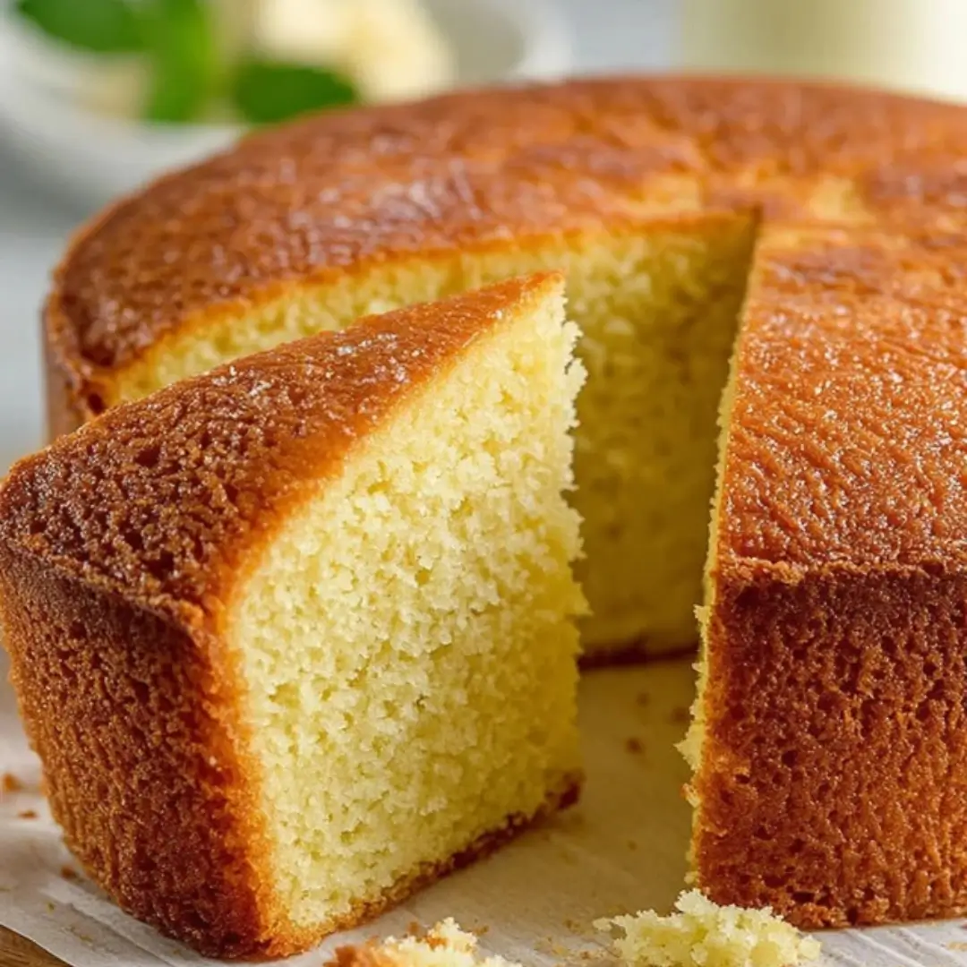 A close-up shot of a two-layer vanilla cake frosted with white buttercream. A slice has been removed, clearly showing the tender, uniform, and moist crumb.