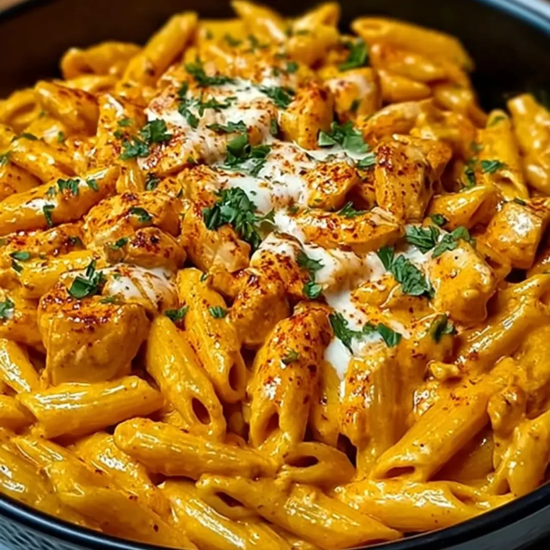 One-pot skillet with creamy, cheesy chipotle chicken penne pasta topped with fresh cilantro.