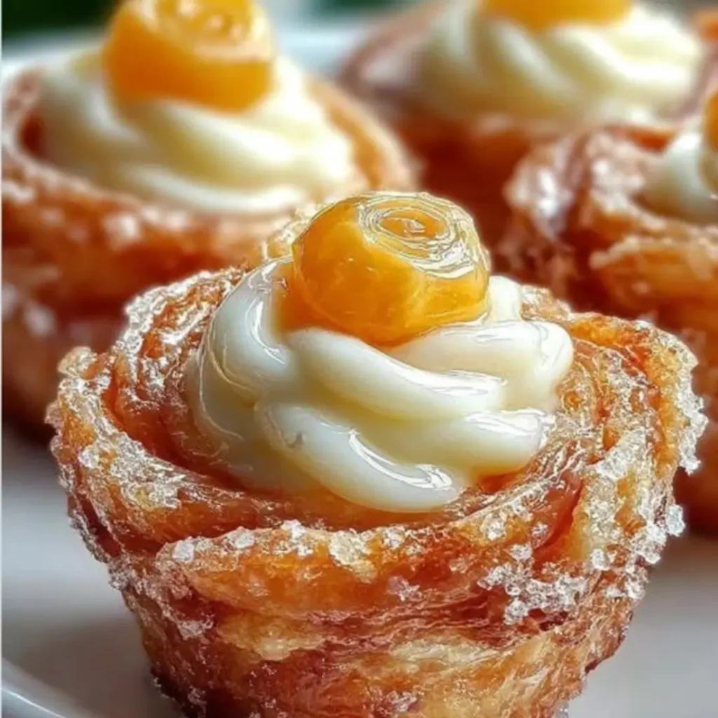 A close-up shot of several golden brown Peach Pie Cruffins dusted with powdered sugar, set in a muffin tin, showing the flaky layers and spiced peach filling.