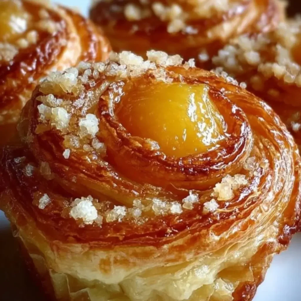 A close-up of two golden-brown Peach Pie Cruffins Twist pastries in a muffin tin, showing the flaky, layered spirals and a sprinkle of coarse sugar on top.