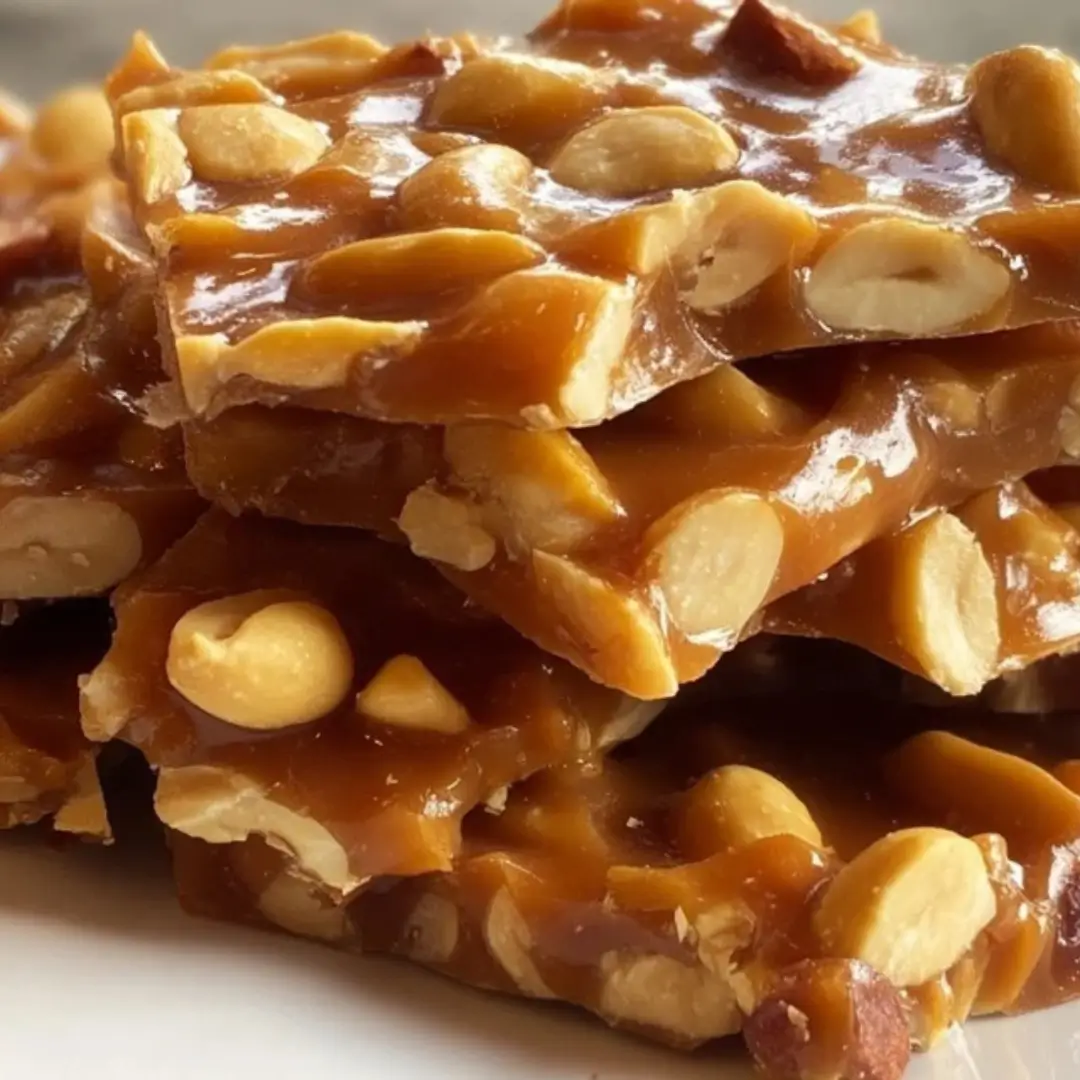 Close-up of golden peanut brittle broken into crunchy, irregular pieces with whole roasted peanuts visible.