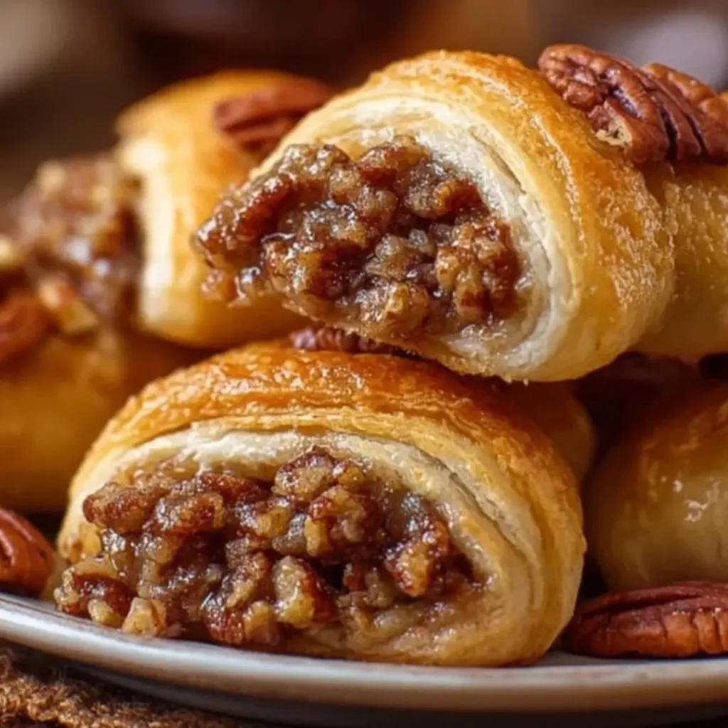 Flaky Pecan Pie Crescent Rolls drizzled with a white powdered sugar glaze on a parchment-lined baking sheet.