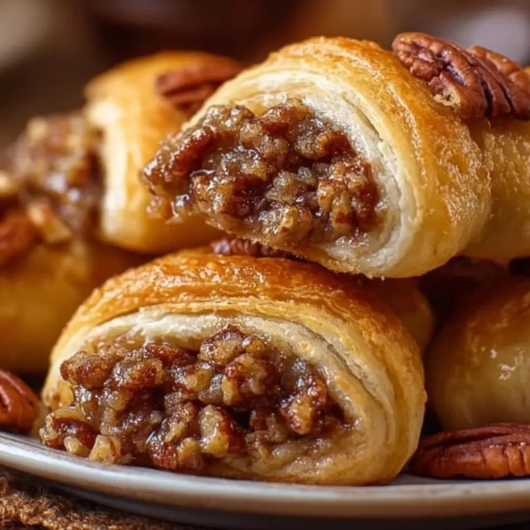 Flaky Pecan Pie Crescent Rolls drizzled with a white powdered sugar glaze on a parchment-lined baking sheet.