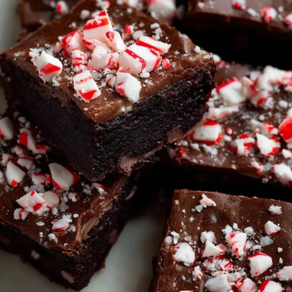 Fudgy chocolate brownies with peppermint extract and white and red crushed candy canes sprinkled on top.
