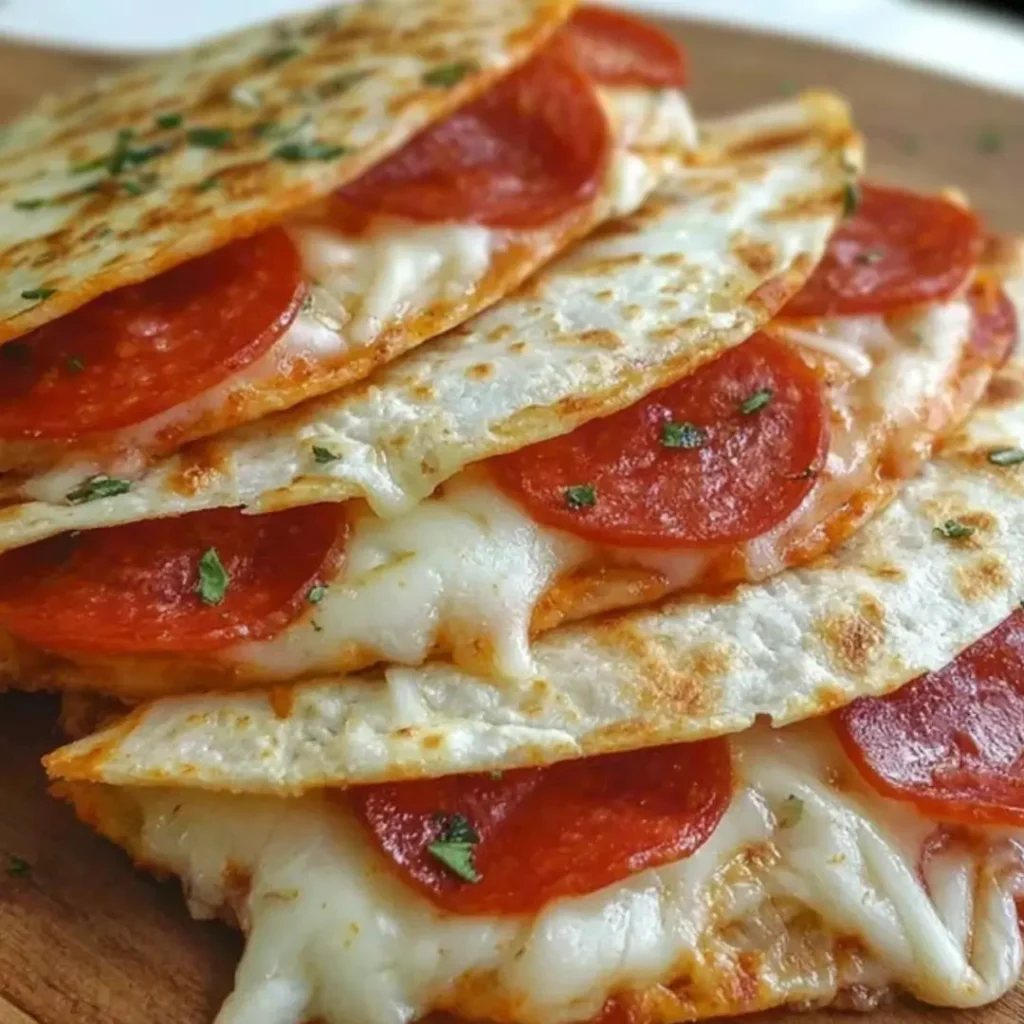 Close-up of a freshly made pizza quesadilla being sliced into wedges, showing the bubbling, melted cheese and turkey pepperoni filling.