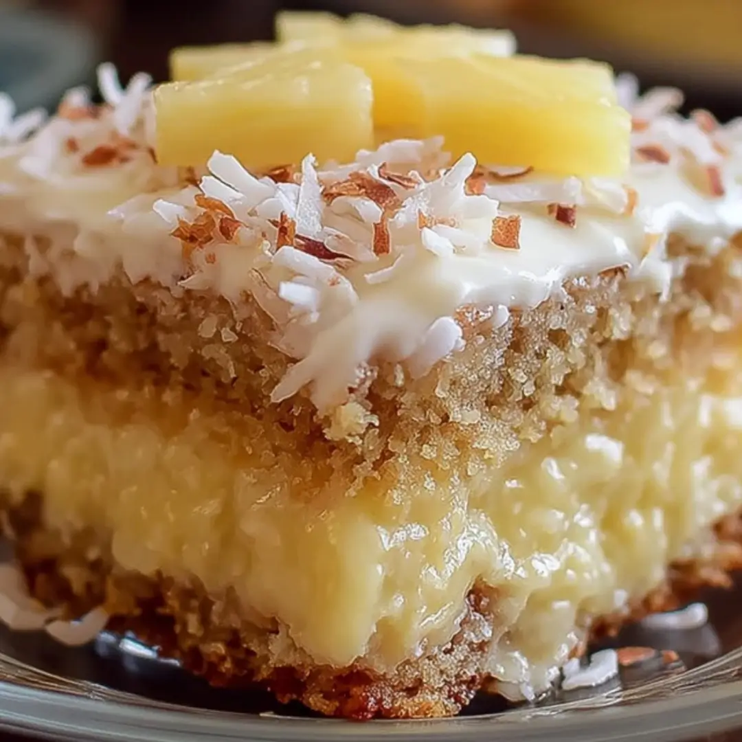 A two-layer tropical cake with thick cream cheese frosting, shredded coconut coating the sides, and a festive red, white, and blue garnish of raspberries and pineapple chunks on top.