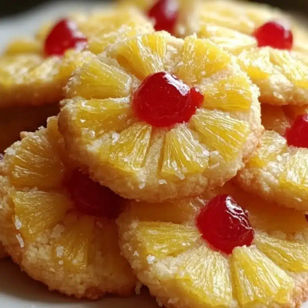A close-up of soft, buttery pineapple upside-down sugar cookies with a caramelized brown sugar topping, pineapple chunk, and red maraschino cherry.