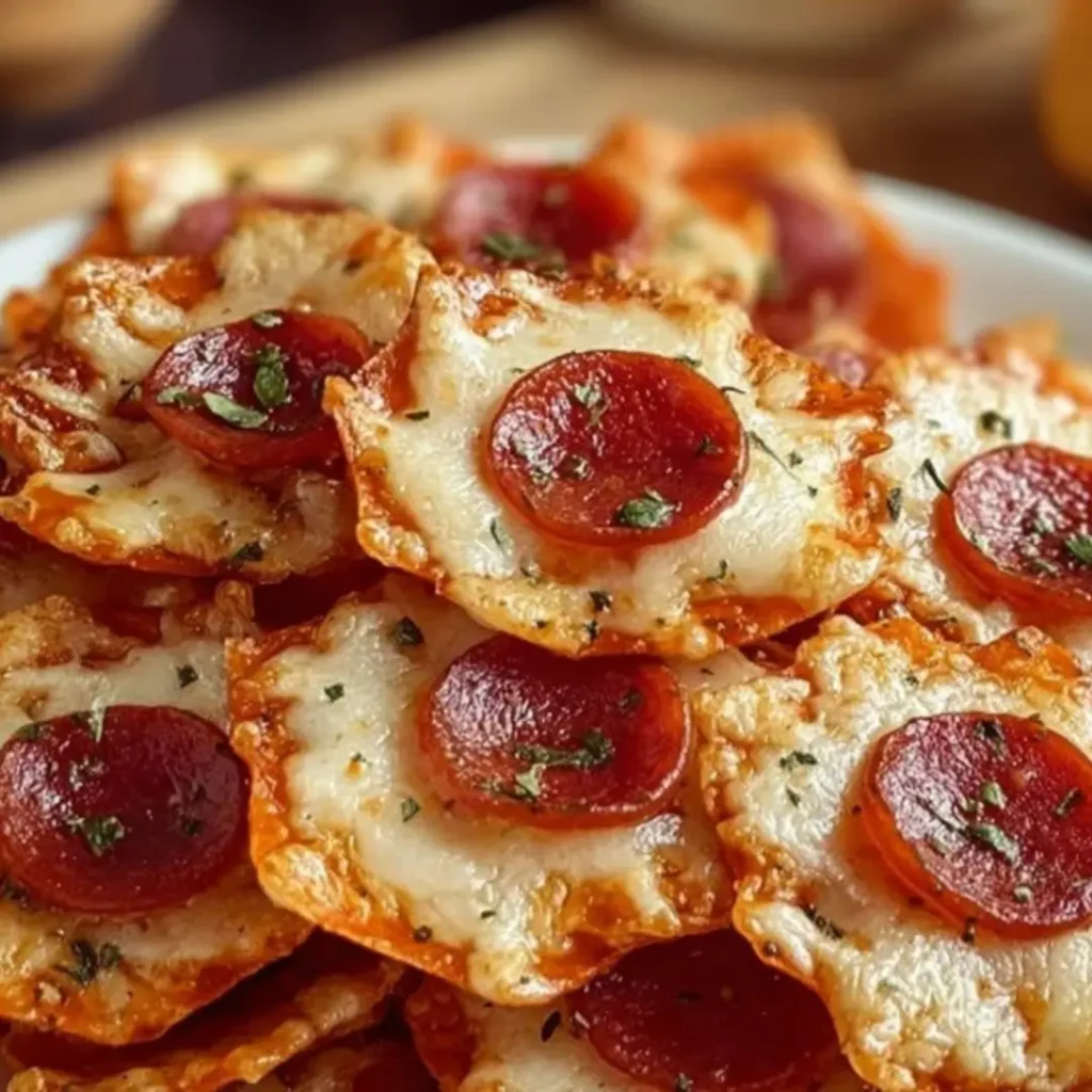 Low-carb pizza chips made from baked mozzarella and Parmesan cheese, topped with mini pepperoni, served on a white plate with a side of warm marinara dipping sauce.