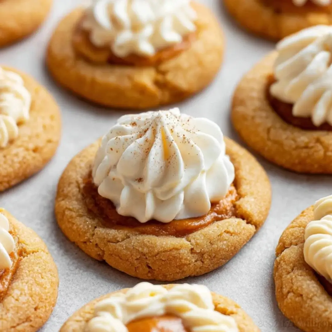 A close-up of a soft, round pumpkin pie cookie topped with a swirl of cream cheese frosting and a sprinkle of cinnamon.