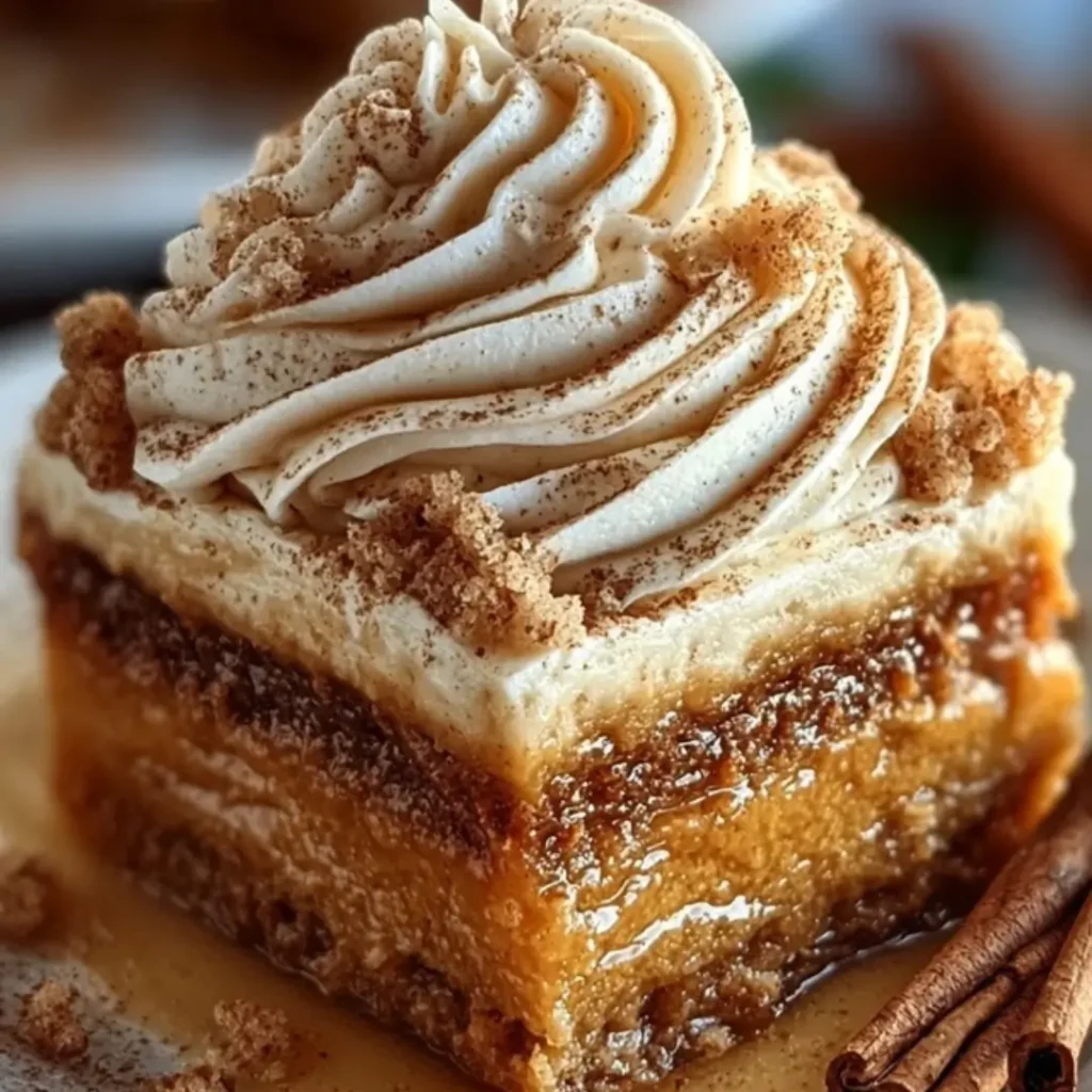 A close-up image of a slice of Pumpkin Spice Gooey Cake, showing the golden yellow crust, the thick orange pumpkin and cream cheese layer, and a topping of whipped cream and cinnamon.