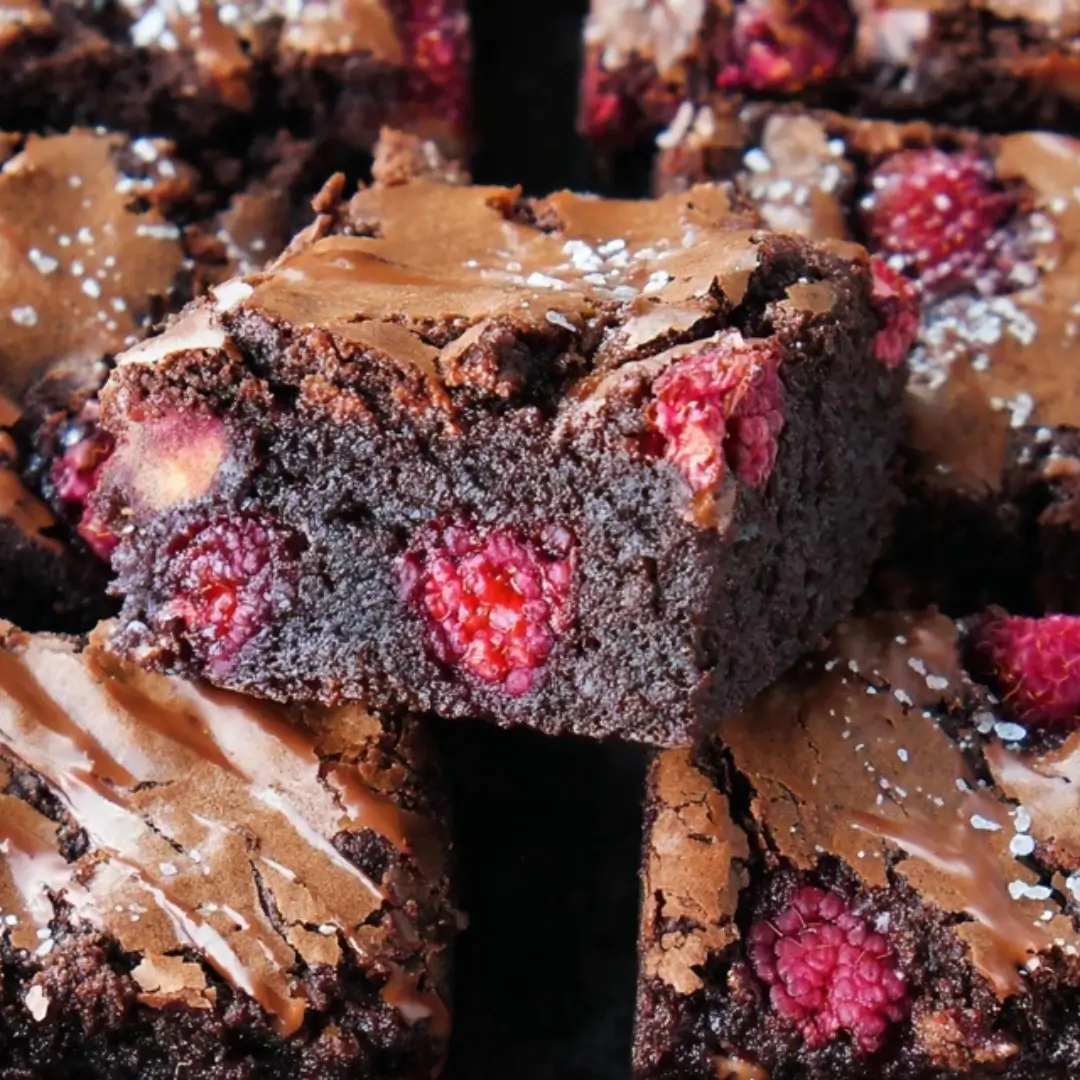 Sliced raspberry brownie squares on a cooling rack, showing the fudgy, dark chocolate interior, melted chocolate chips, and whole red fresh raspberries baked into the batter.