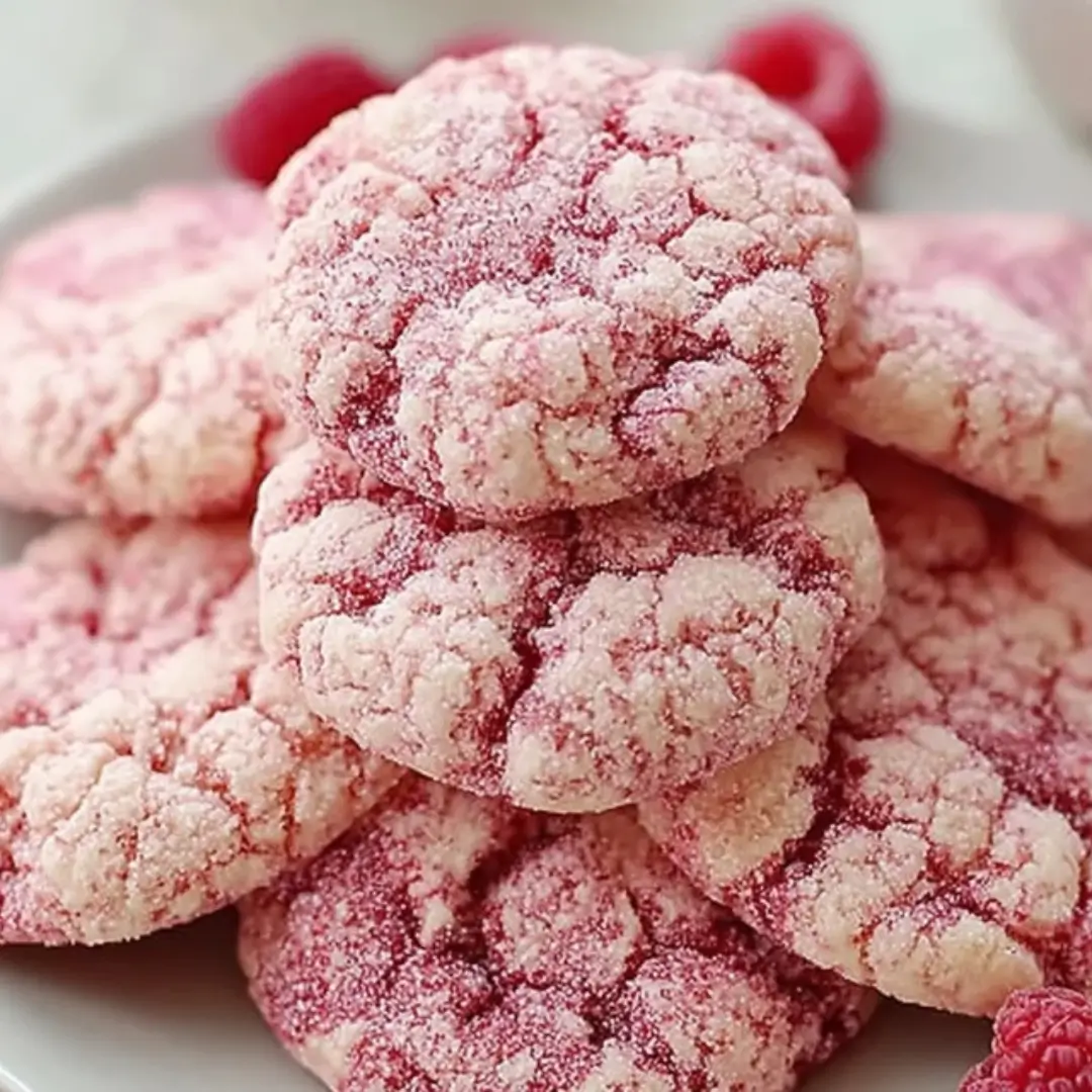 Close-up of freshly baked sugar cookies with a raspberry jam thumbprint center, dusted with powdered sugar and cooling on a wire rack.