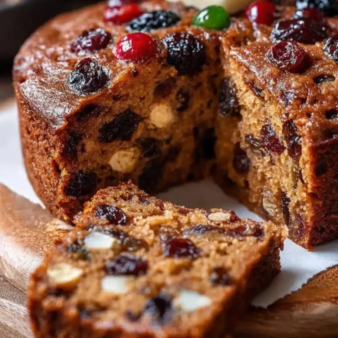 A close-up shot of a rich, round fruit cake sliced, showing the moist, tender crumb packed with colorful dried fruits, glace cherries, and walnuts. The cake is resting on a wire rack or cutting board, ready to serve.