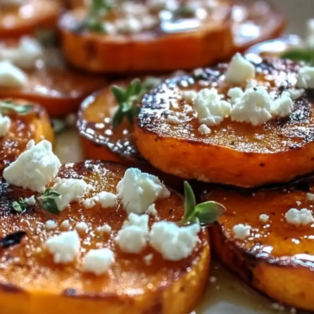 Roasted sweet potato rounds, drizzled with honey, topped with crumbled feta cheese, and sprinkled with fresh parsley and lemon zest on a serving platter.